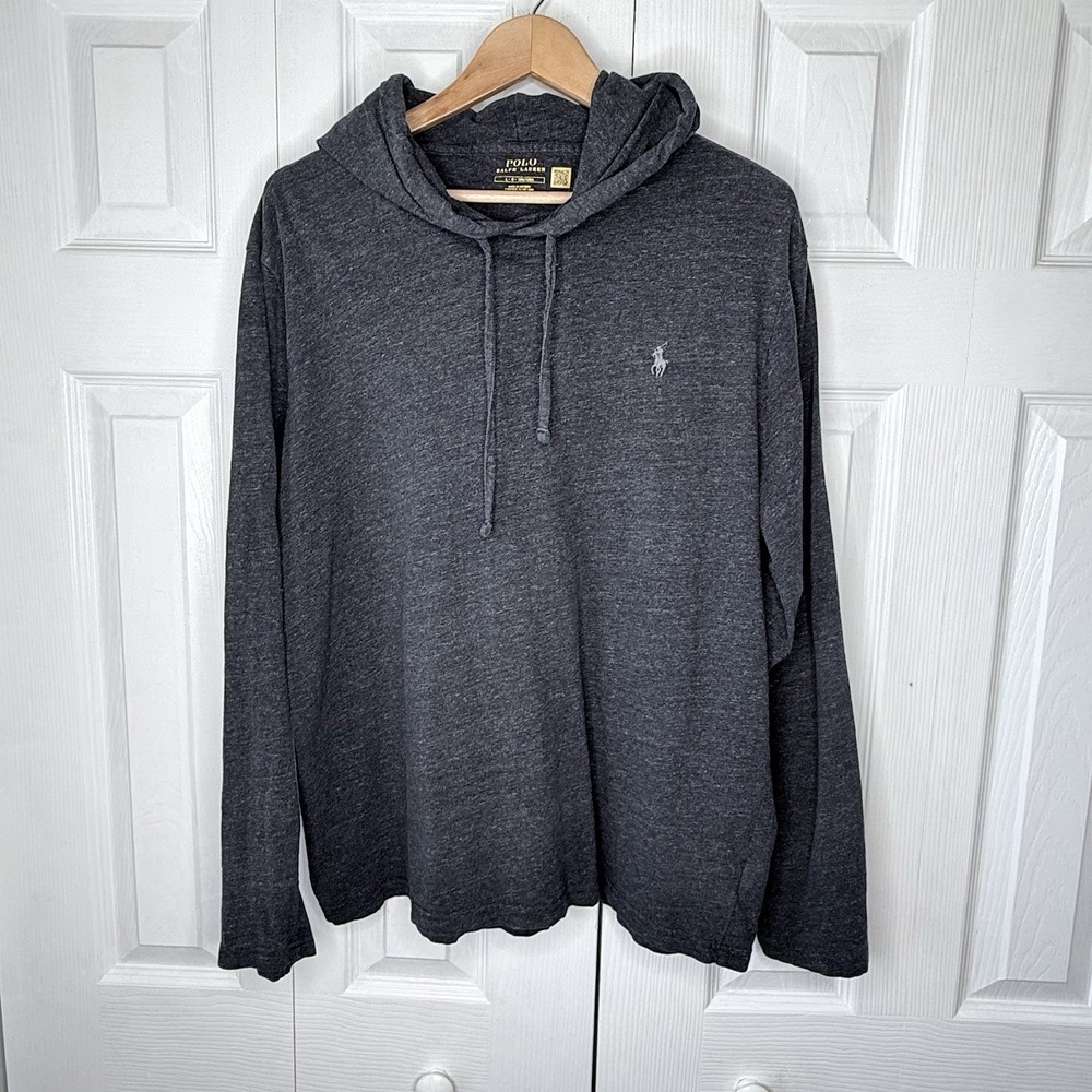 Polo Ralph Lauren Mens Large‎ Gray Heathered Long Sleeve Hoodie Shirt Casual EUC